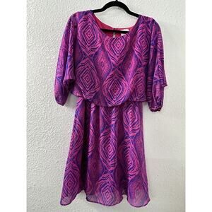 NYMPHE Womens Pink Geometric Sheer Lined Shift Dress Size M Flowy 3/4 Sleeve